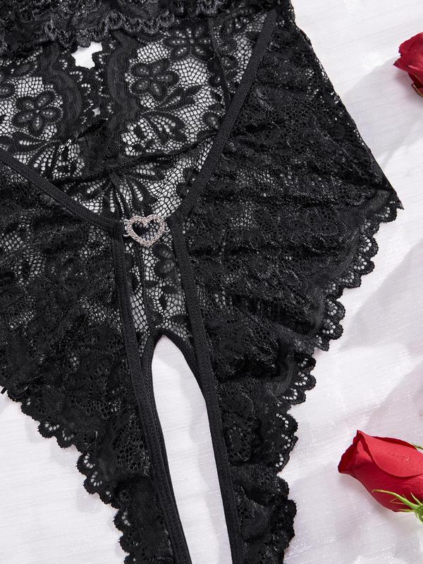 Women's Heart Decor Contrast Lace Cami Bodysuit, Sexy Scallop Trim Backless Lingerie for Women, Fashion Comfy Women's Underwear for All Seasons